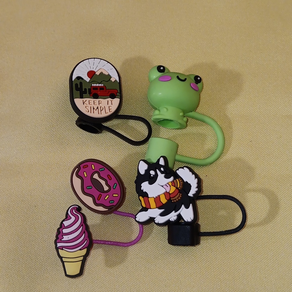 Stanley 10MM Straw Toppers 4   Pack (#60) Hiking, Frog, Donut & Ice Cream, Dog
